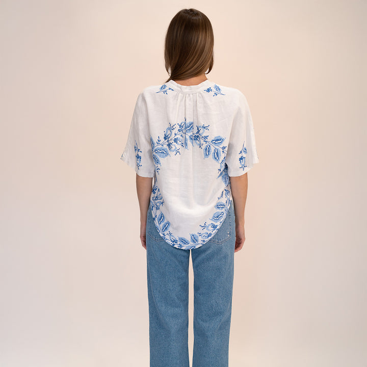 Blue Flower Embroidered Blouse