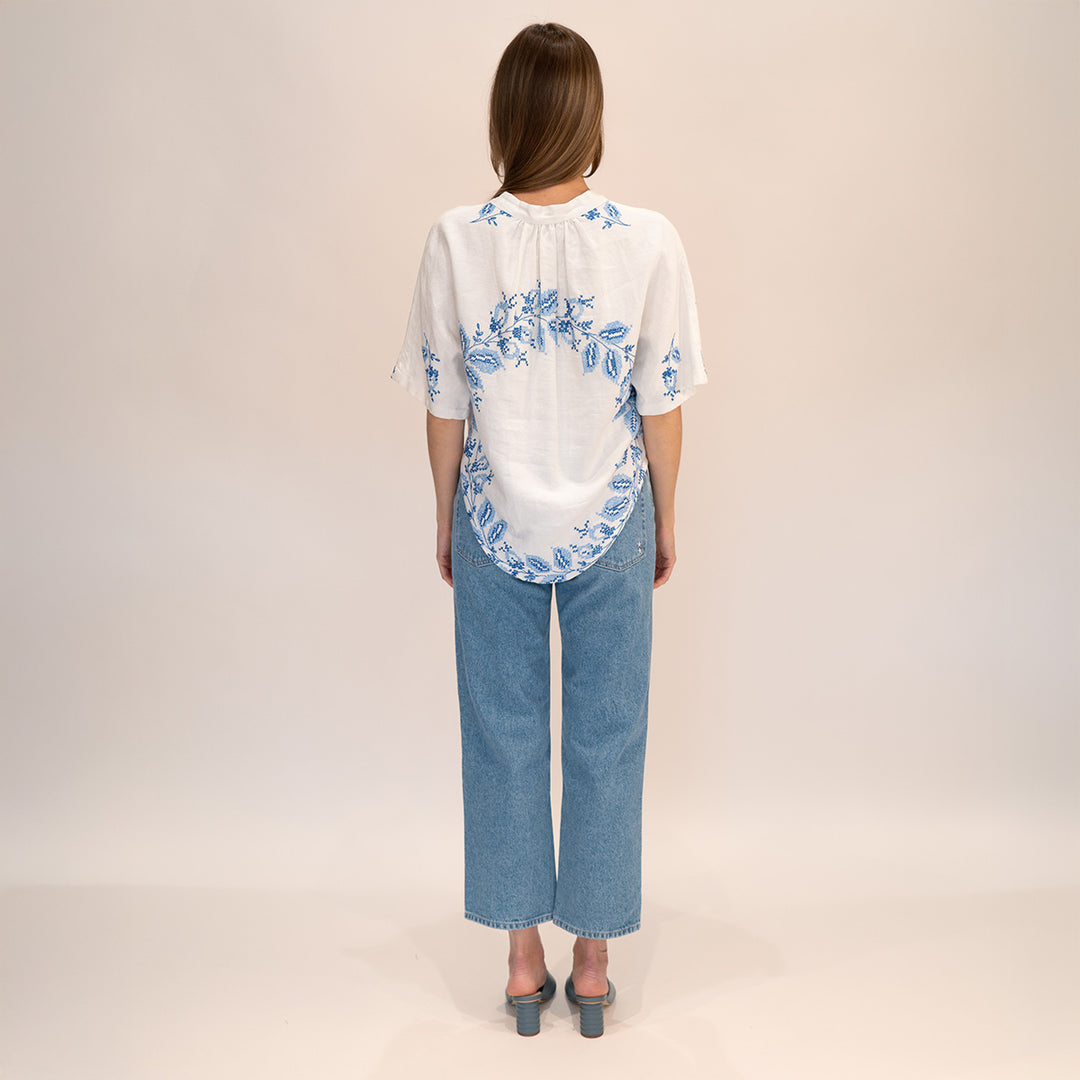 Blue Flower Embroidered Blouse
