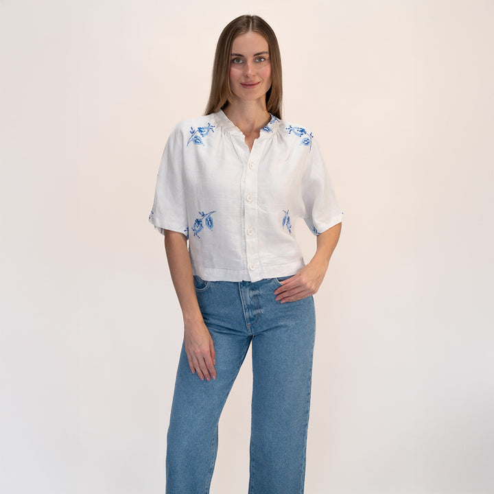 Blue Flower Embroidered Blouse