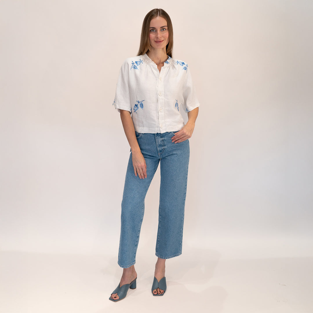 Blue Flower Embroidered Blouse