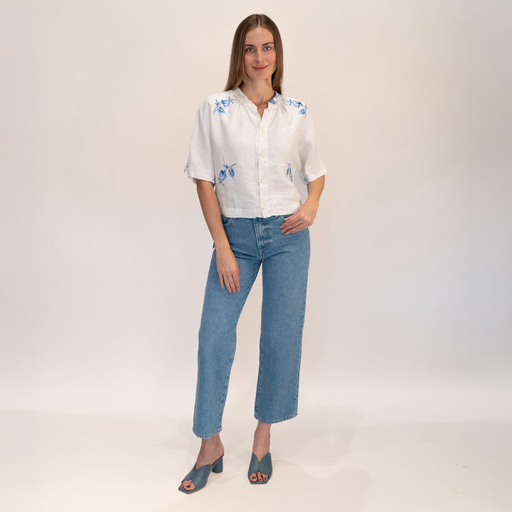 Blue Flower Embroidered Blouse