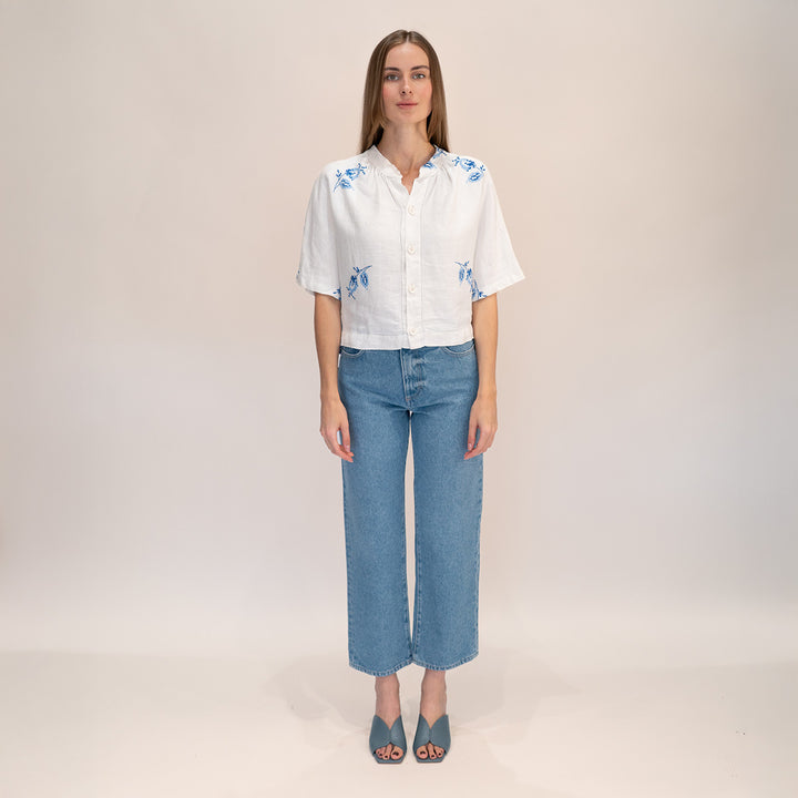 Blue Flower Embroidered Blouse